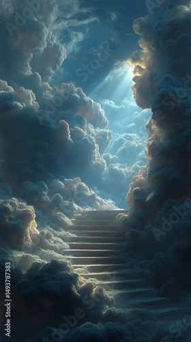 Heavenly Staircase Leading to Bright Light Amidst Fluffy Clouds in the Sky
