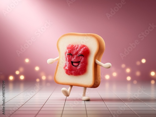 Cheerful cartoon character of a slice of bread with jam is dancing joyfully on a shiny floor, surrounded by soft glowing lights, showcasing a playful and whimsical atmosphere