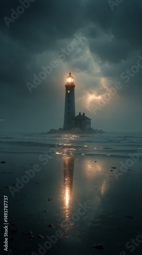 Lighthouse Illuminated by Lightning on a Stormy Evening Near the Coast