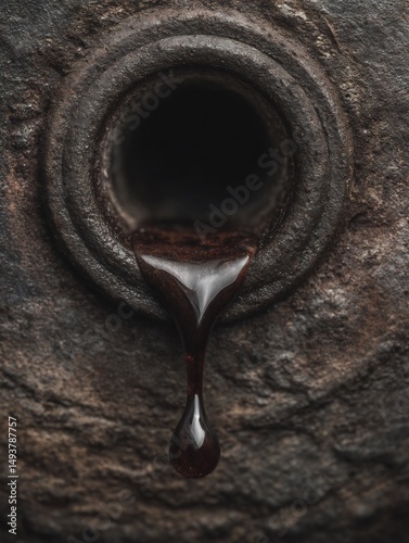 Close-Up of Dark Liquid Dripping from Metal Hole