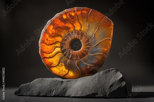 A stunning ammonite fossil, beautifully preserved, displays vibrant orange and brown hues, showcasing its intricate spiral structure.