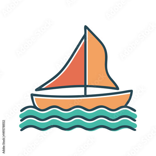 Simple sailboat with orange sail on wavy water  