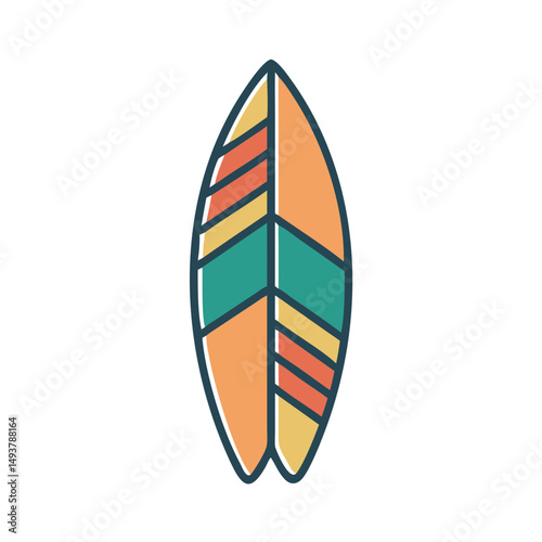 Modern surfboard with colorful patterns and geometric design  