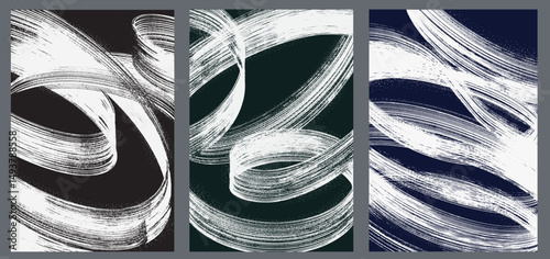 White distressed grainy high texture in various squiggle shapes set. Disintegration, halftone effect,vector bold brush strokes. Template dust overlay distress grain texture for modern grunge posters.