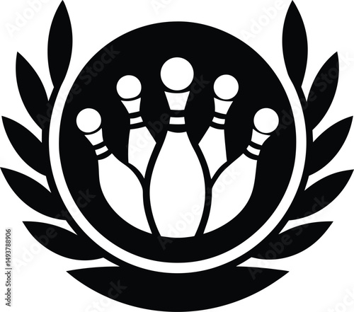 Bowling pins emblem with laurel wreath black and white graphic design