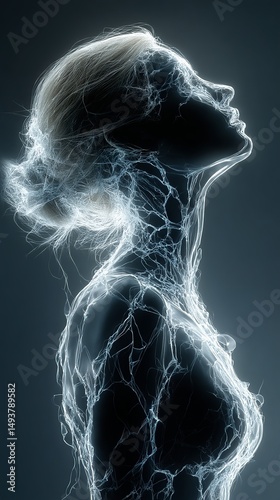 Ethereal silhouette: a woman's profile rendered in glowing, intricate networks, evoking themes of connectivity and inner light.