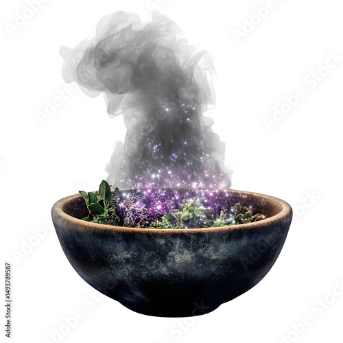 A bowl of sacred herbs steaming with galaxy mist, ritual blend visual, isolated on transparent background 