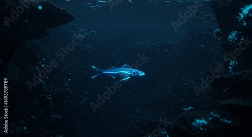 Solitary Fish in Deep Ocean - A single fish swims in the dark depths, symbolizing mystery, solitude, freedom, resilience