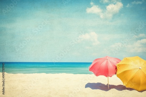 Two colorful umbrellas on a sandy beach with ocean waves in the background