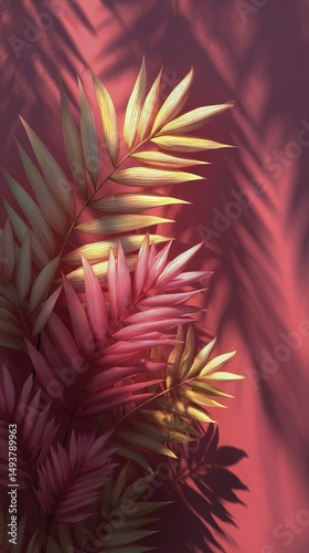 Colorful Leaves Cast Shadows on a Pink Wall During the Afternoon Light in a Vibrant Setting