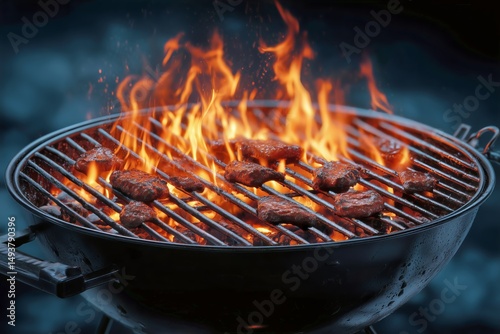Sizzling Meat Grilling Over an Open Flame at a Summer Barbecue Gathering