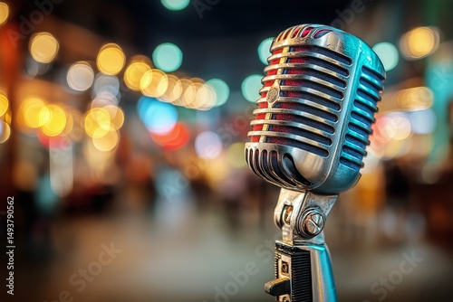 Vintage Microphone Illuminated in a Lively Atmosphere Filled With Colorful Bo...