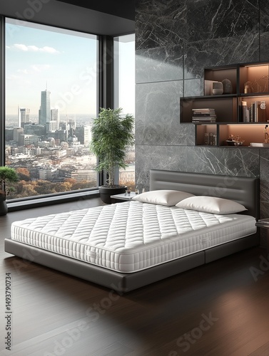 Modern bedroom with luxurious mattress. Experience ultimate comfort with our premium mattress, designed for restful sleep and peaceful nights.