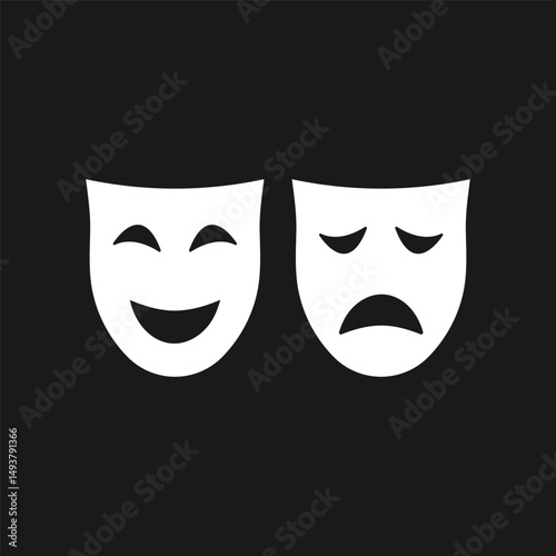 Black and white theatre masks. Drama masks icon in black and white. Happy and sad theatre mask. Vector