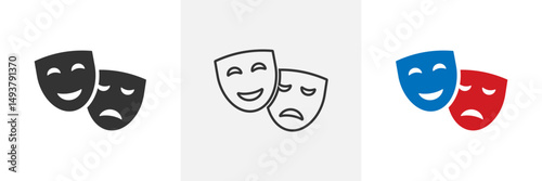 Drama masks in different styles. Theatre masks icons set. Tragedy and comedy masks. Happy and sad masks. Vector