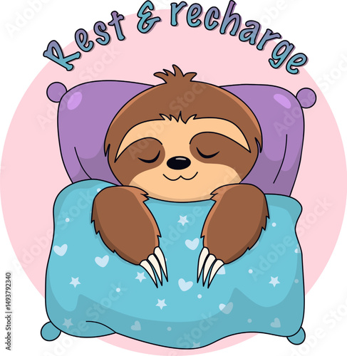 Relaxing sloth tucked into bed with “Rest & recharge” quote. Cute sleepy animal in circular design. Perfect for cozy vibes and wellness-themed content.