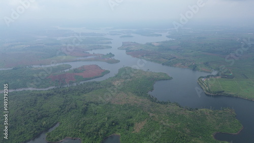 Vászonkép Aerial Drone View of Moat Preah Village and Osoam Cardamom Community Center, Pursat Province, Cambodia