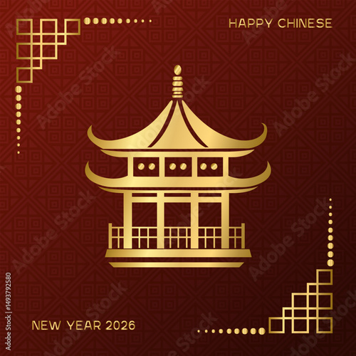 Vector festive chinese traditional house temple with ornament, lanterns and lotus for lunar chinese new year celebration. Happy new year lunar in China square card.