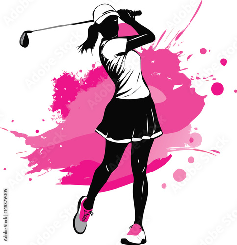Dynamic Silhouette of a Female Golfer Swinging a Club Against a Pink Ink Splash Background