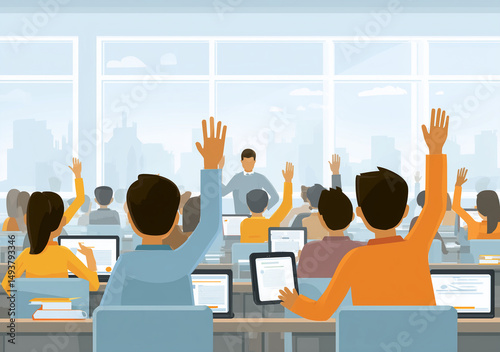 Students raising hands to ask questions during a lesson in a modern classroom, engaging with the teacher and utilizing laptops for learning