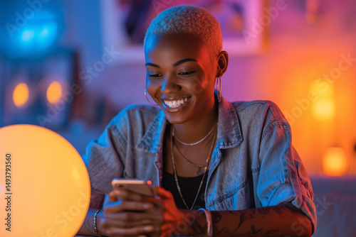 Happy young woman using mobile phone at home, browsing internet, reading message, chatting online or watching video on social media app with colorful neon lights