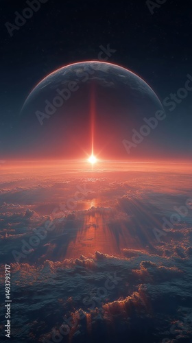 Celestial Sunrise Over Planetary Landscape With Vibrant Colors and Clouds