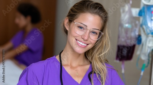 healthcare professional wearing glasses and purple scrubs smiles confidently at the camera while another staff member assists a patient in the background. setting is bright and clinical