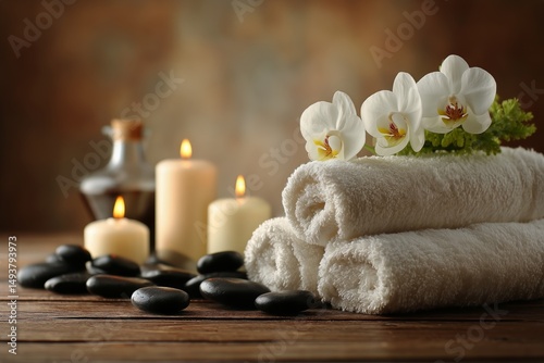 Relaxing Spa Setting With Towels, Candles, Stones, and Flowers for a Calming ...