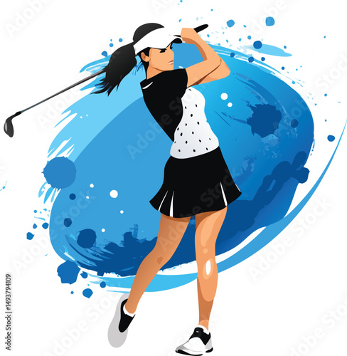 Dynamic Female Golfer Swinging Club on Blue Abstract Background