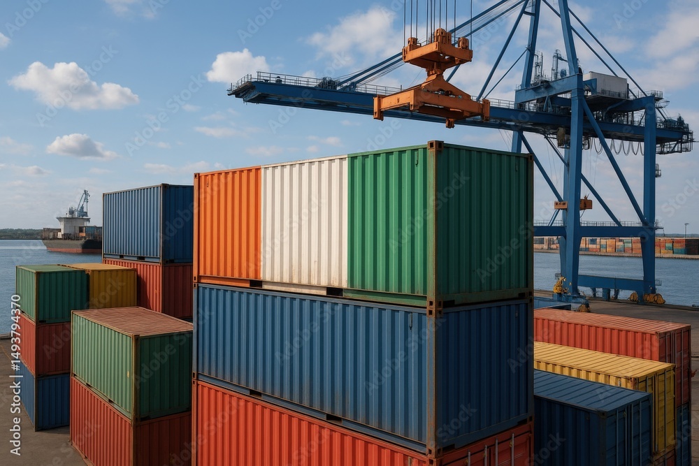 Fototapeta premium Stacked container in green, white, and orange colors resembling the Irish flag. Perfect for European logistics, Irish trade, or container shipping ads. 