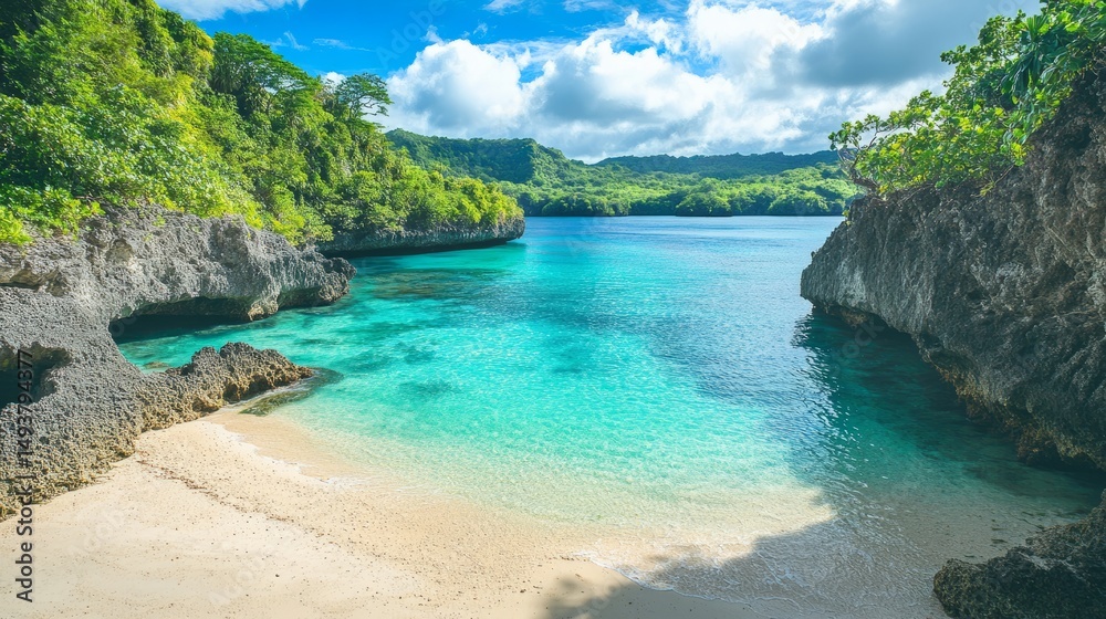Fototapeta premium Scenic beach view with clear blue water and rocky cliffs under bright sunny sky