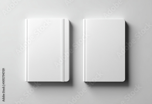 Two closed white books with blank cover and white spine are lying on a white background, perfect for mockups and text overlays