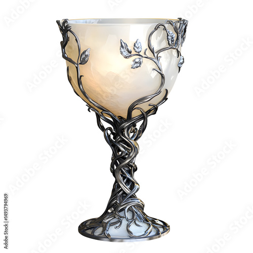 A chalice made of moonstone and silver vines, divine feminine drinkware, isolated on transparent background 