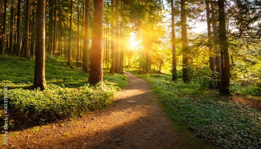 Fototapeta premium sunlit forest path at sunset