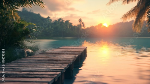 Fototapeta Naklejka Na Ścianę i Meble -  Wooden dock extending over a tranquil pool during a vibrant sunset in the background
