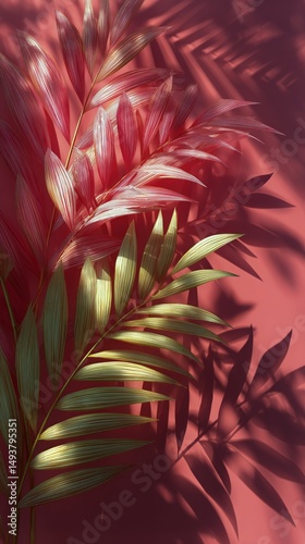 Shadows of Lush Foliage Against a Vibrant Pink Wall Create a Striking Visual ...