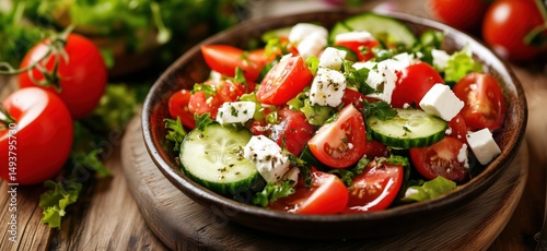 Fresh Mediterranean salad with tomatoes, cucumbers, feta cheese, and herbs
