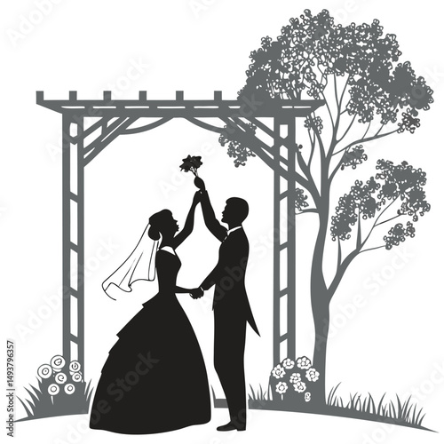 couple celebrating marriage silhouette vector illustration