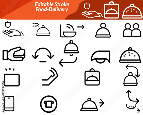 A food delivery set icon includes editable vector icons representing elements like delivery bikes, food bags, location pins, takeaway boxes, smartphones, and delivery staff, ideal for food.