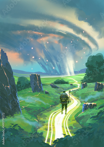 An explorer walks along a radiant glowing trail through green fields toward a massive swirling storm filled with light and mystery in the sky, digital art style, illustration painting