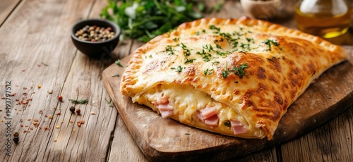 Delicious homemade calzone filled with cheese and ham on wooden board