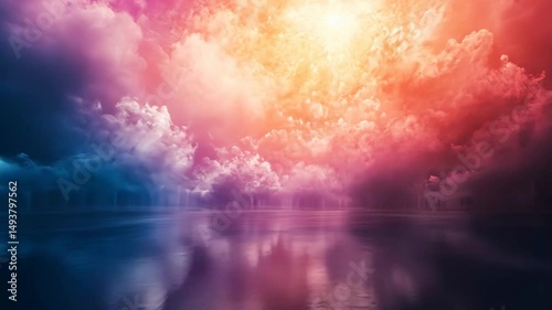 Vibrant sunset reflected in calm water, dramatic cloudscape