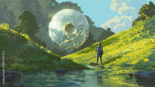 A traveler stands in a glowing green valley beside a stream gazing at a large mysterious floating orb emitting light and energy in the sky, digital art style, illustration painting