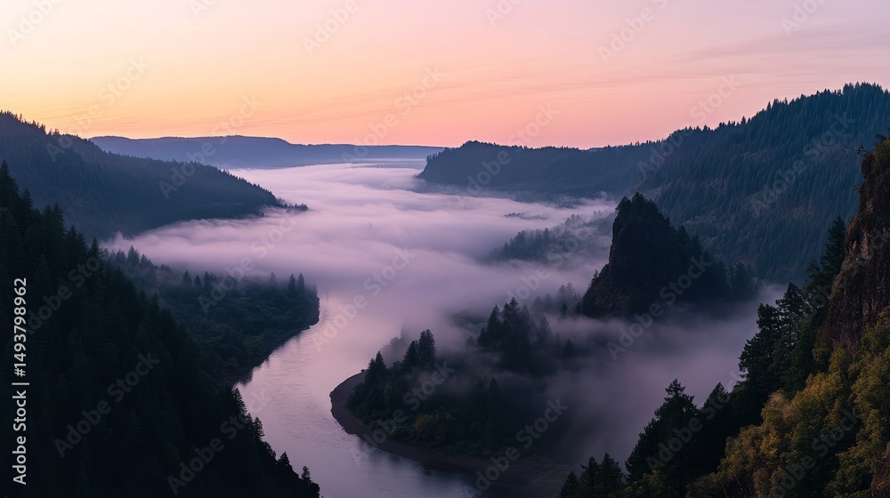Fototapeta premium Mist gently blankets the valley while a calm river flows through dense evergreen trees. Distant mountain peaks are softly illuminated by the pale morning light