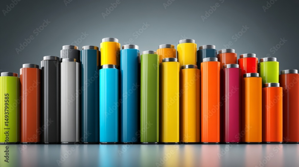 Fototapeta premium A vibrant assortment of batteries in various colors lined up in a modern design.