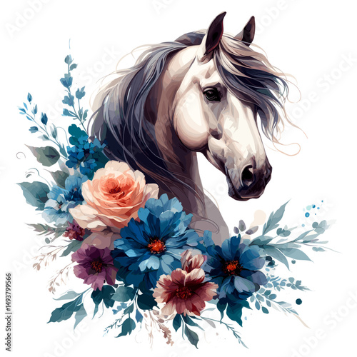 White Horse. Flowers. Horse head.  Portrait. Watercolor style. Isolated on a white background. Banner. Vector illustration, AI