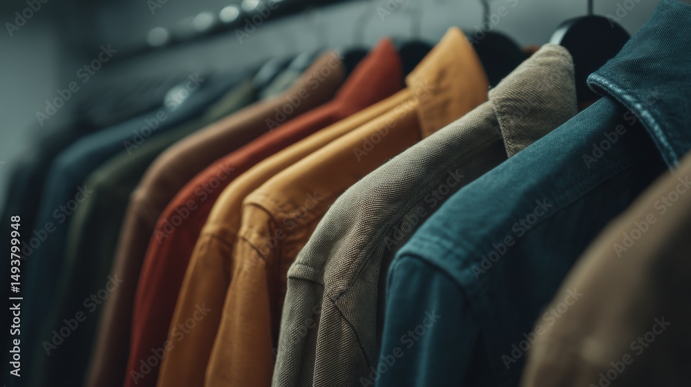 Obraz premium A vibrant collection of jackets hanging on a rack in a modern clothing store.