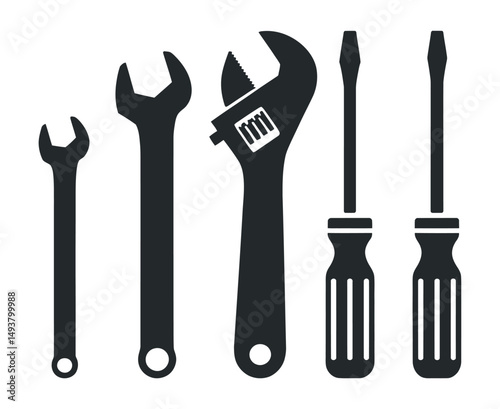 Collection of Simple Black and White Tool Icons Wrenches and Screwdrivers