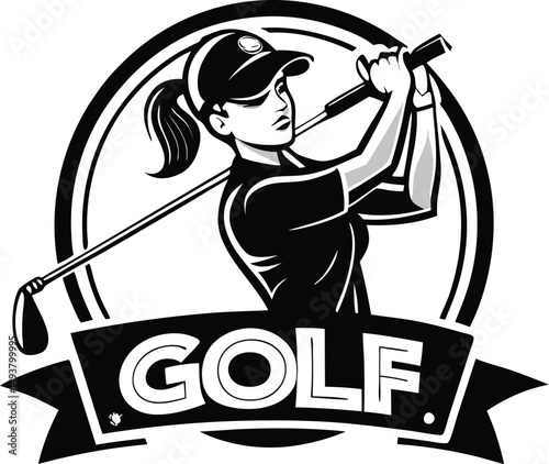 Silhouette of a Female Golfer Swinging a Golf Club with GOLF Text Overlay
