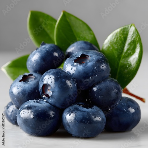 Fresh blueberries, plump and juicy, with dew drops, and vibrant green leaves